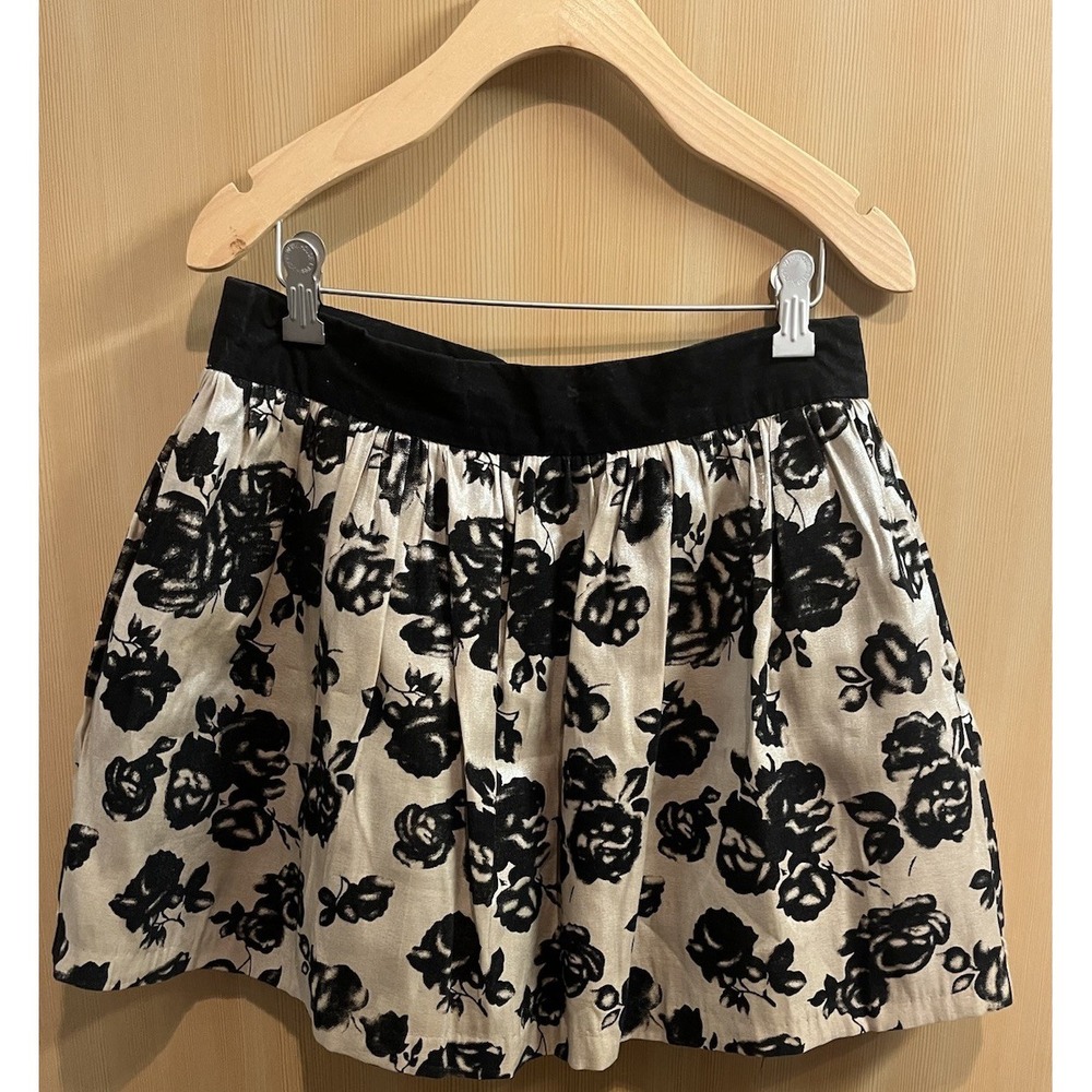Forever 21 Black Beige Floral Mini Skirt Wide Waistband Back Zipper Large